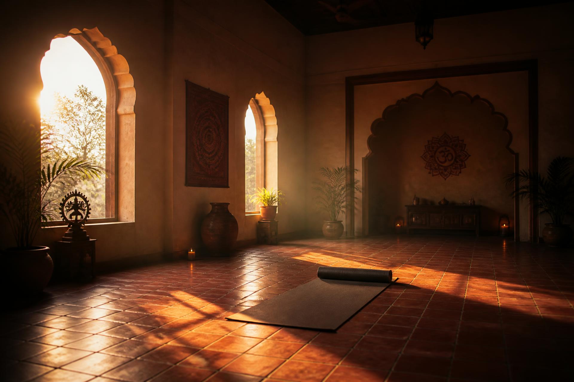 Sunlit traditional Indian yoga studio with a rolled mat on a terracotta floor
